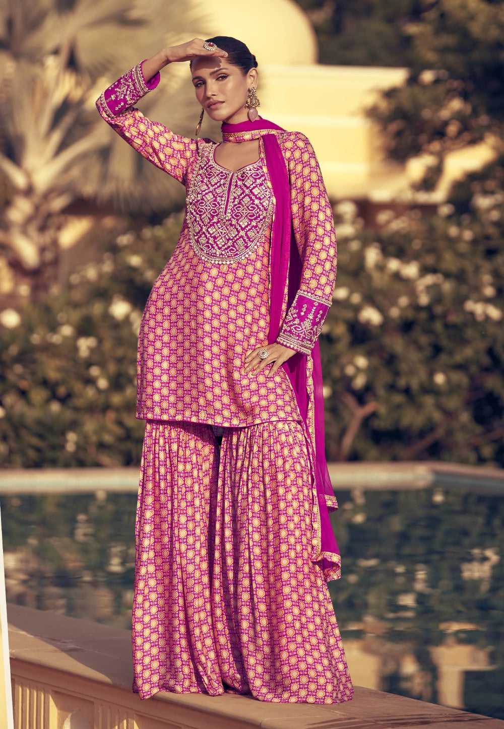 Embroidered Dark Pink Palazzo Suit with Modern Flair