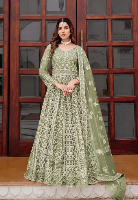 Embroidered Mehendi Green Anarkali Suit