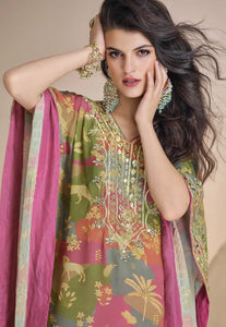 Embroidered Pink And Green Kaftan Style Suit