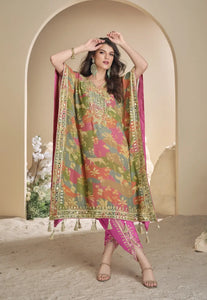 Embroidered Pink And Green Kaftan Style Suit