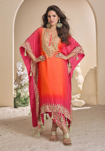 Embroidered Pink And Orange Kaftan Style Suit