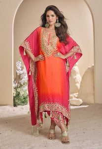 Embroidered Pink And Orange Kaftan Style Suit