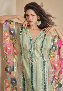 Embroidered Sea Green Kaftan Style Suit