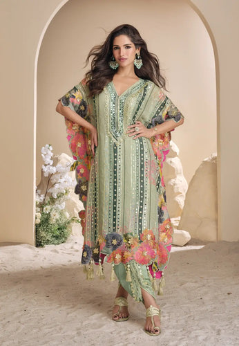 Embroidered Sea Green Kaftan Style Suit