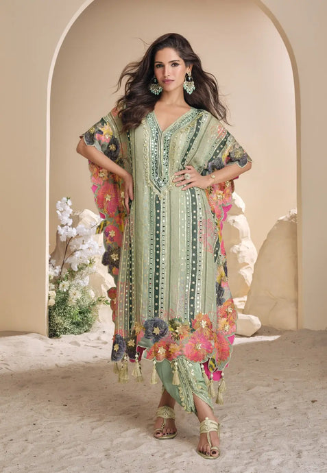 Embroidered Sea Green Kaftan Style Suit