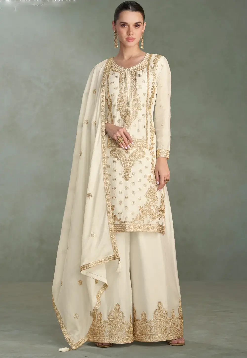 Embroidered White Gharara Suit 