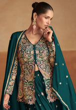 Load image into Gallery viewer, Emerald green threadwork embroidered jacket style palazzo suit set for women

