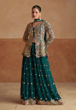 Load image into Gallery viewer, Dark emerald green heavy embroidered front-open peplum jacket with wide-leg palazzo pants and matching dupatta set
