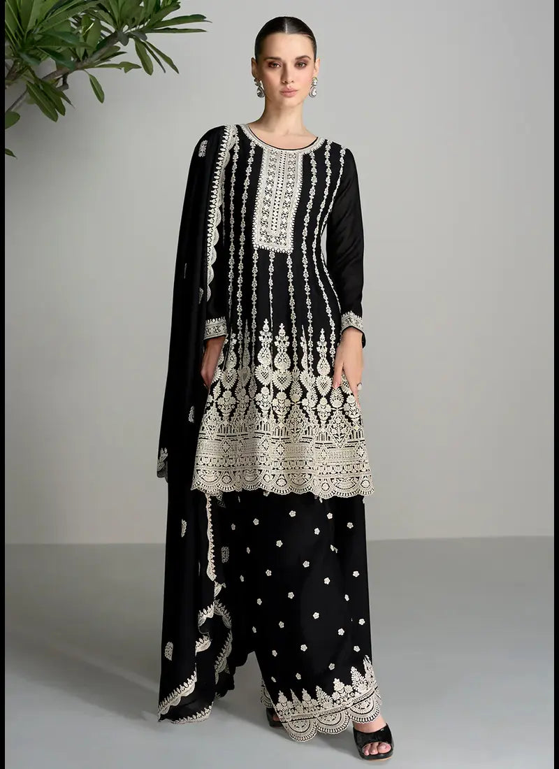 Ensembled Black and White Embroidered Palazzo Suit