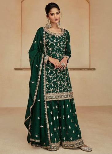 Ensembled Green Heavy Embellished Sharara Style Suit