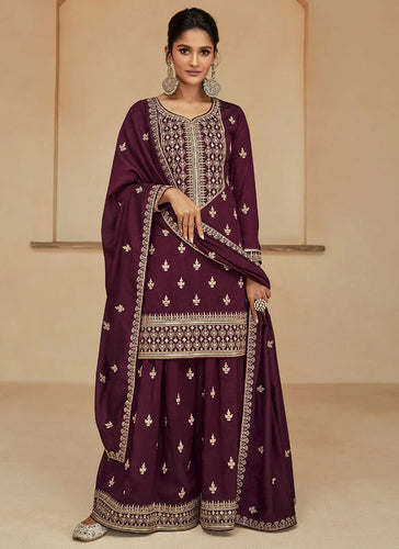 Ensembled Purple Heavy Embellished Sharara Style Suit