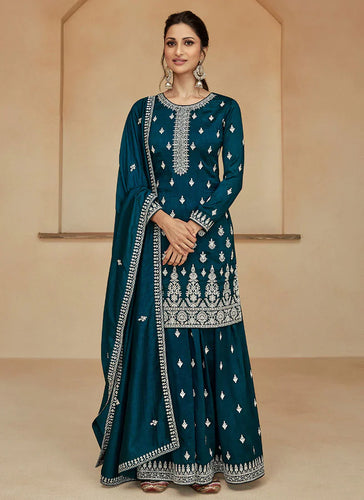 Ensembled Teal Heavy Embellished Sharara Style Suit