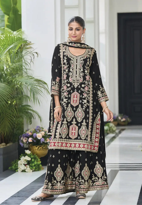 Exquisite Embroidered Black Palazzo Suit