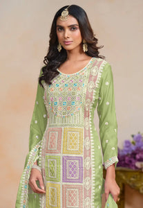 Exquisite Embroidered Green Pant Style Suit