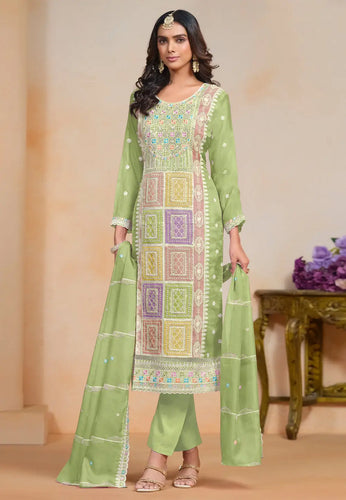 Exquisite Embroidered Green Pant Style Suit