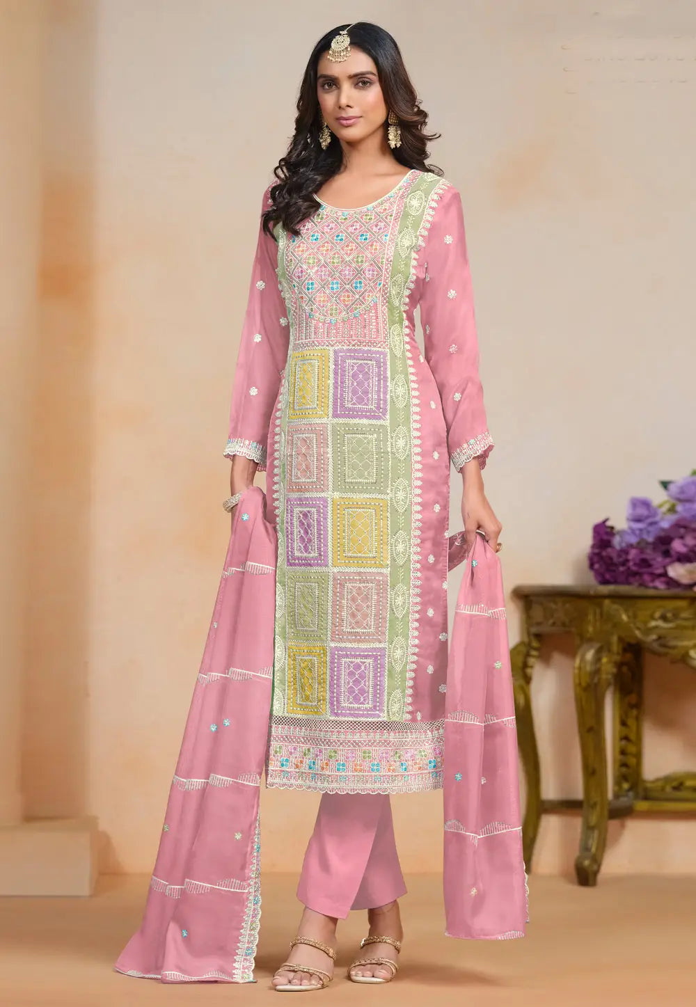 Exquisite Embroidered Pink Pant Style Suit