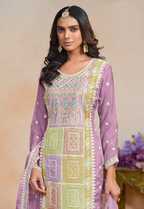 Exquisite Embroidered Purple Pant Style Suit