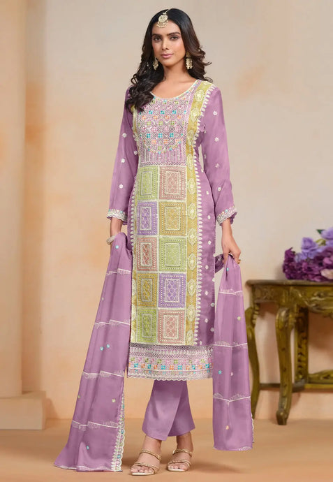 Exquisite Embroidered Purple Pant Style Suit