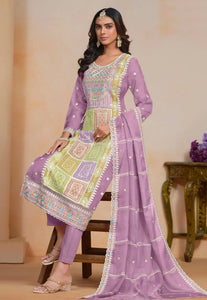 Exquisite Embroidered Purple Pant Style Suit