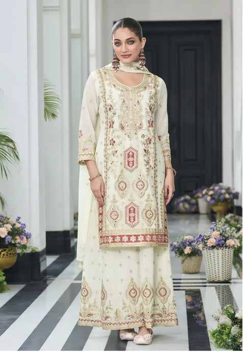 Exquisite Embroidered White Palazzo Suit