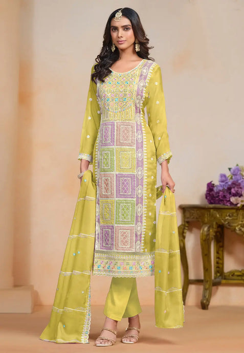 Exquisite Embroidered Yellow Pant Style Suit