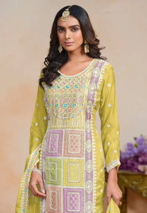 Exquisite Embroidered Yellow Pant Style Suit