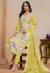 Exquisite Embroidered Yellow Pant Style Suit