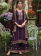Load image into Gallery viewer, Flare and Flow Purple Embroidered Palazzo Suit
