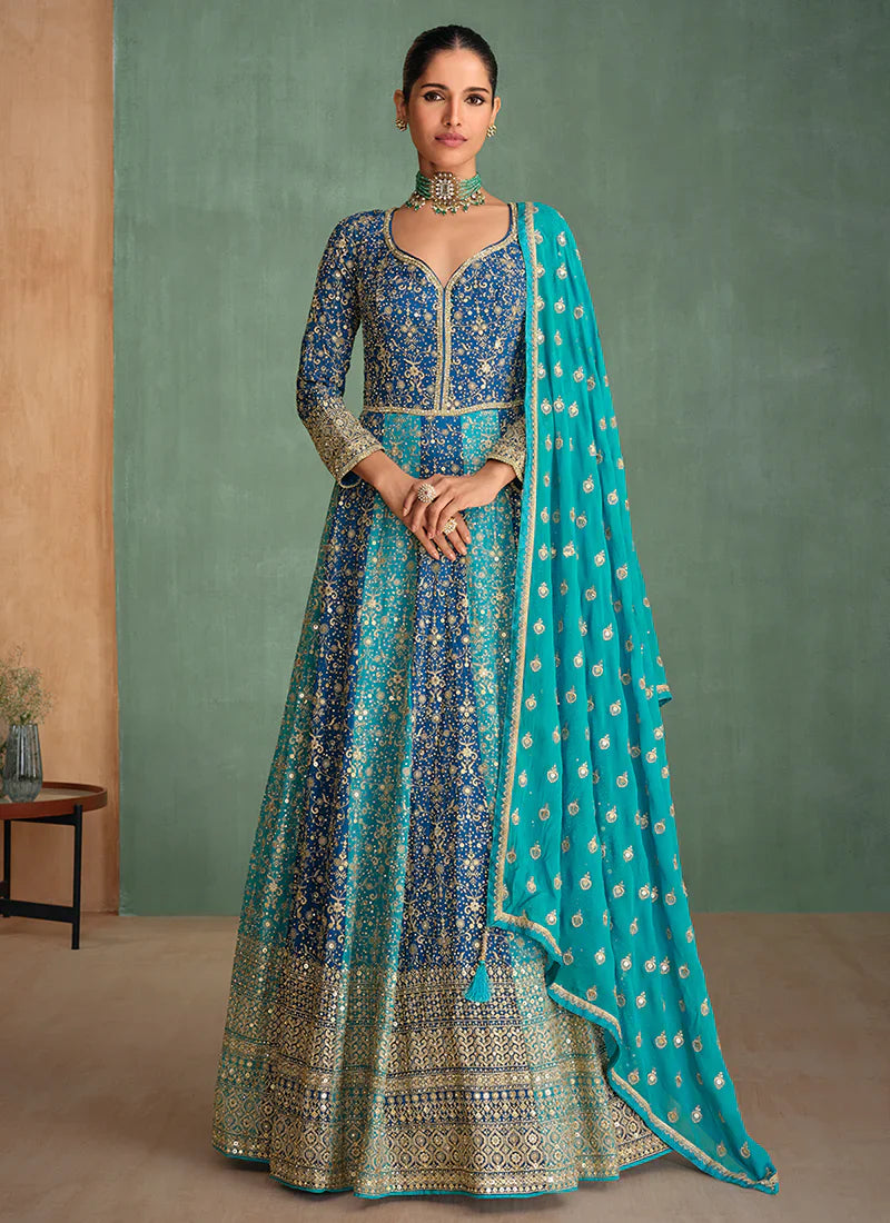 Flawless  Embroidered Blue Anarkali Gown