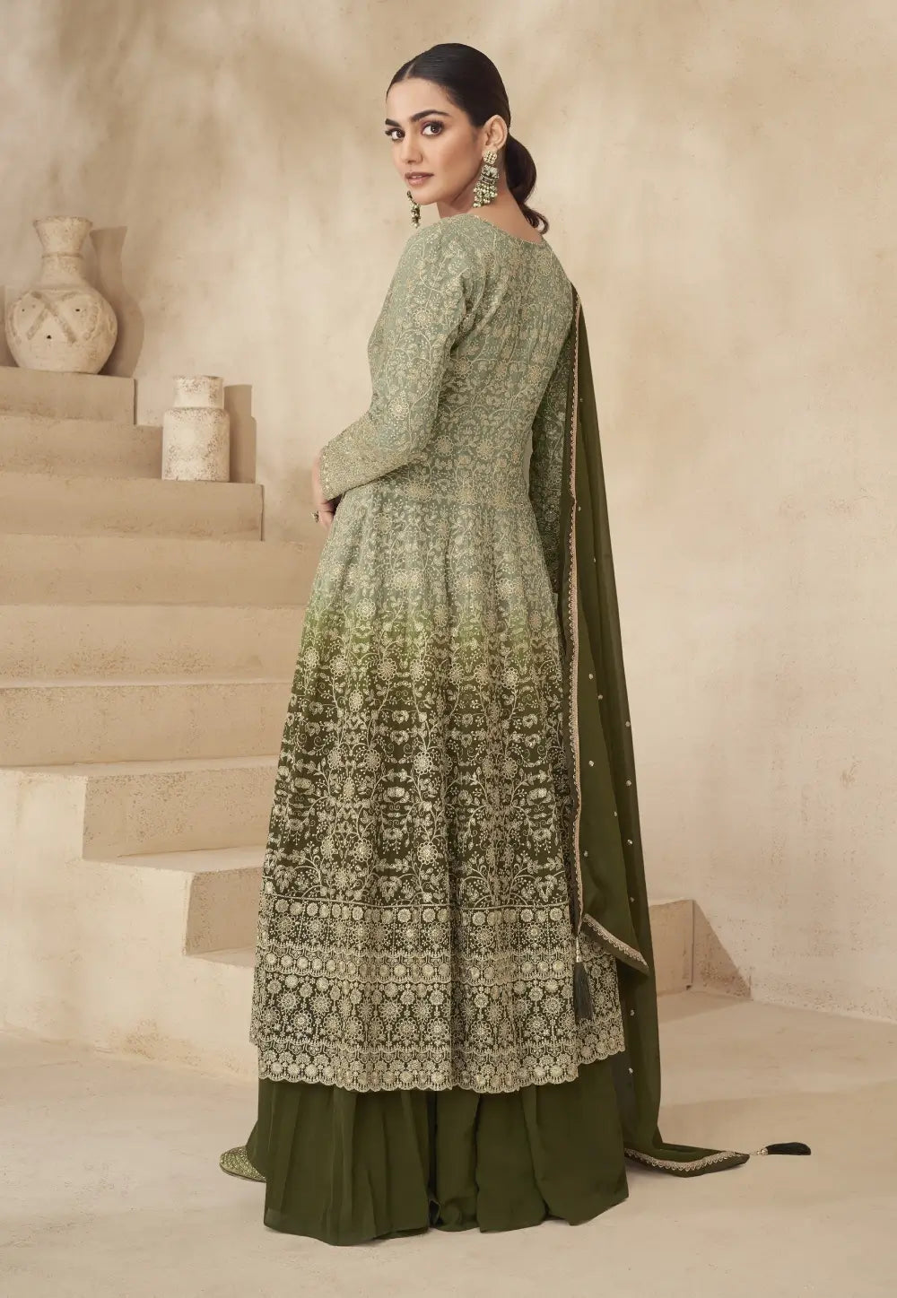 Flawless Slit Style Olive Green Anarkali Lehenga Flawless Slit Style Olive Green Anarkali Lehenga