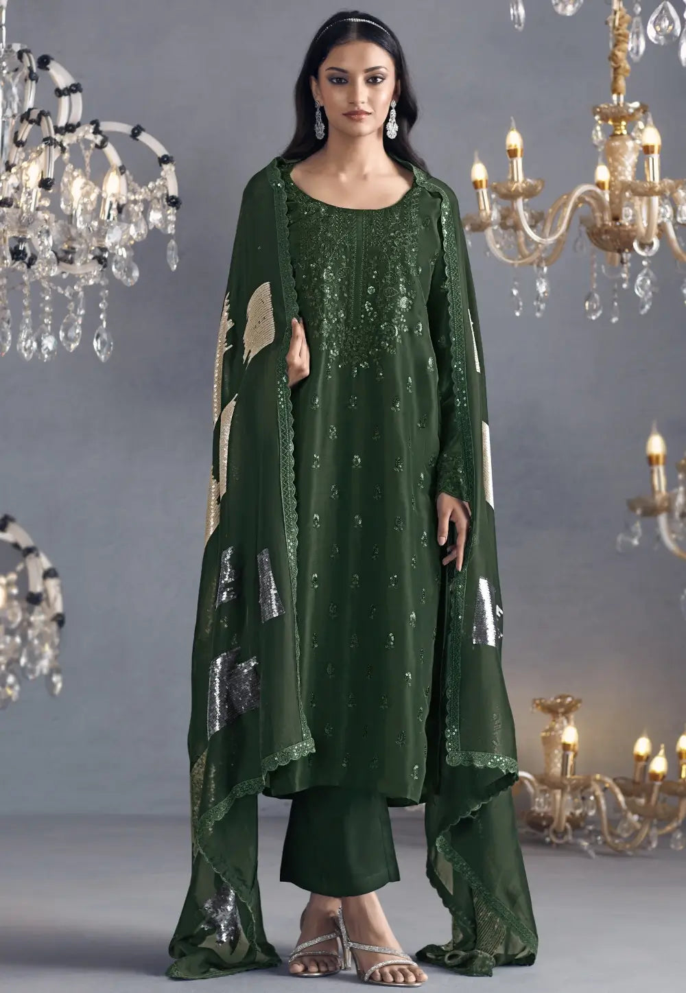 Flawless Sophistication Embroidered Dark Green Pant Suit