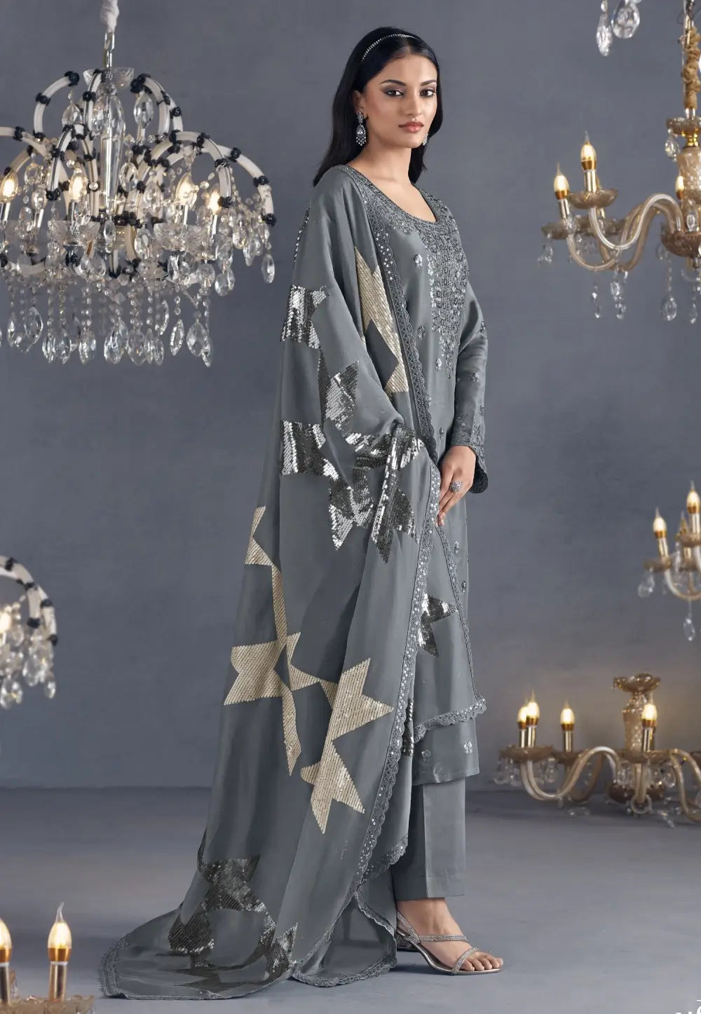 Flawless Sophistication Embroidered Grey Pant Suit