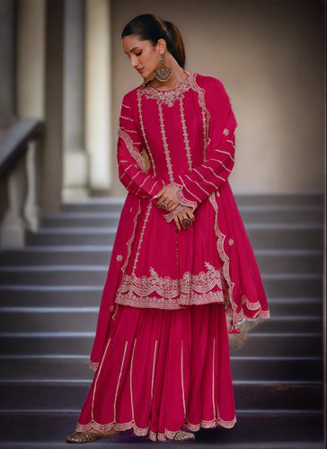 Glamourous Dark Pink  Heavy Embroidered Gharara Suit