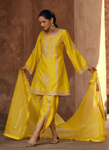Glamourous Yellow Heavy Embroidered Dhoti Style Suit