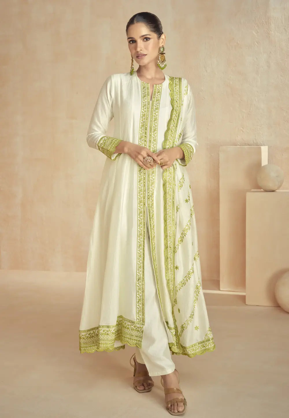 Gold White Flattering Slit-Style Anarkali Dress