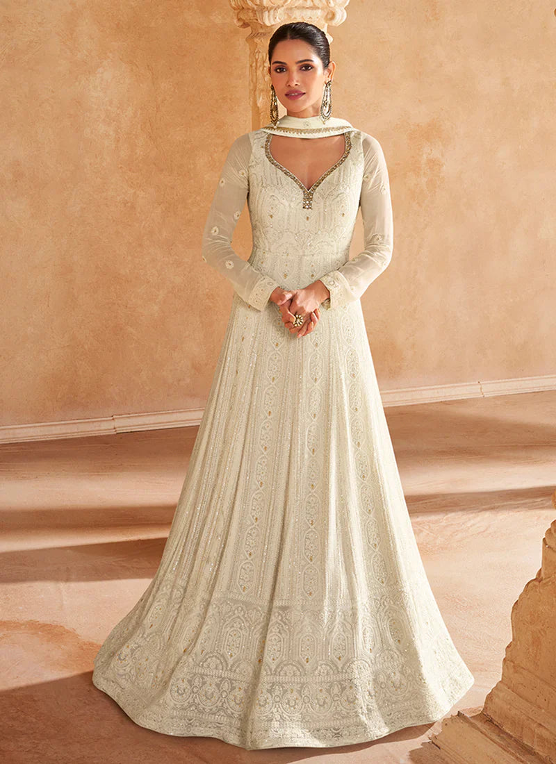 cream anarkali dress Cream tissue silk anarkali suit for women