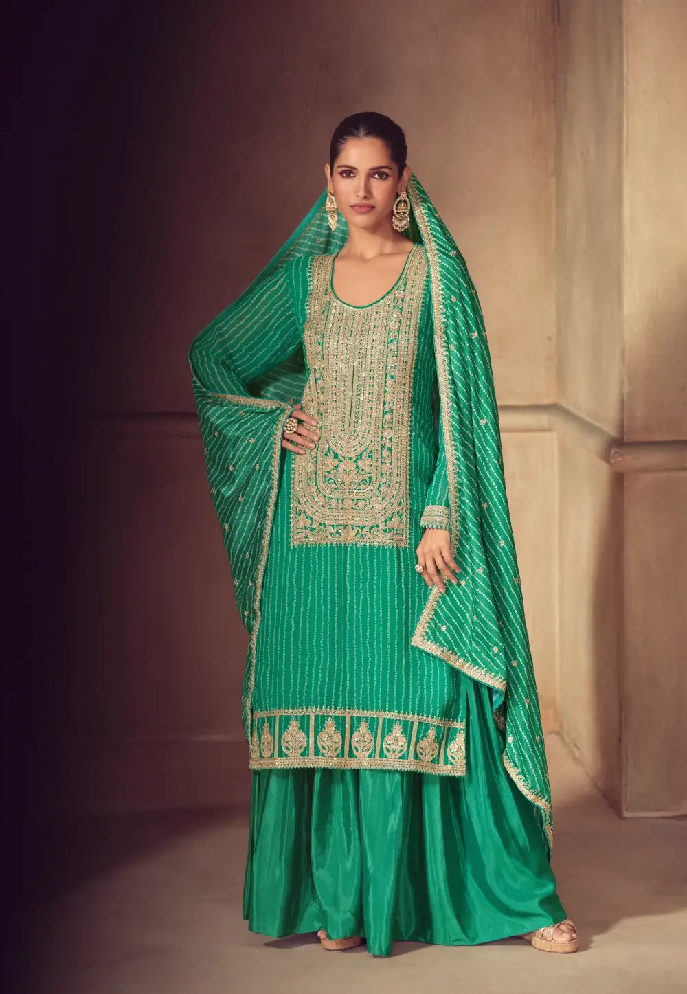 Graceful Embroidered Emerald Green Sharara Ensemble