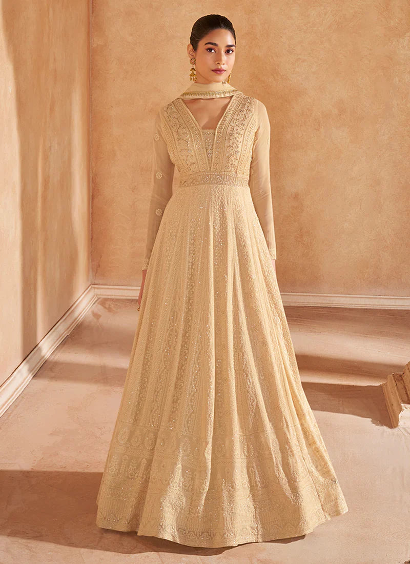 Graceful  Beige Embroidered Anarkali Gown