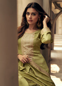 Green Colour Embroidered Pant Style Suit