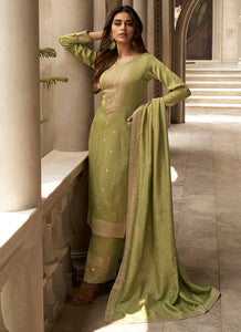 Green Colour Embroidered Pant Style Suit