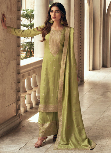 Green Colour Embroidered Pant Style Suit
