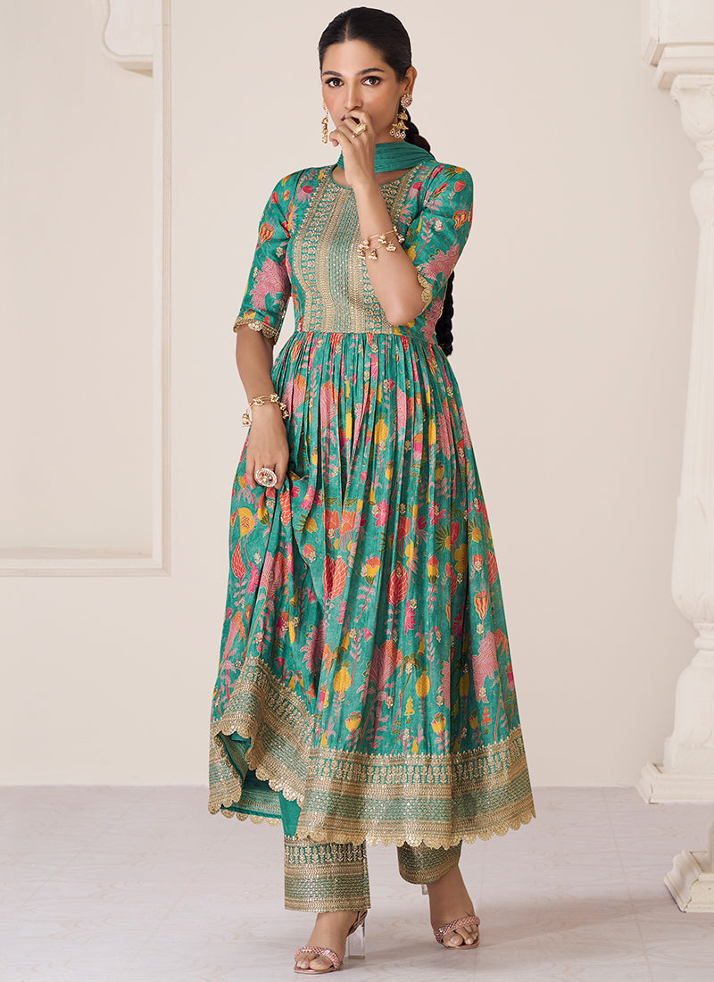 Green Multi Colour Printed Anarkali Style Gown