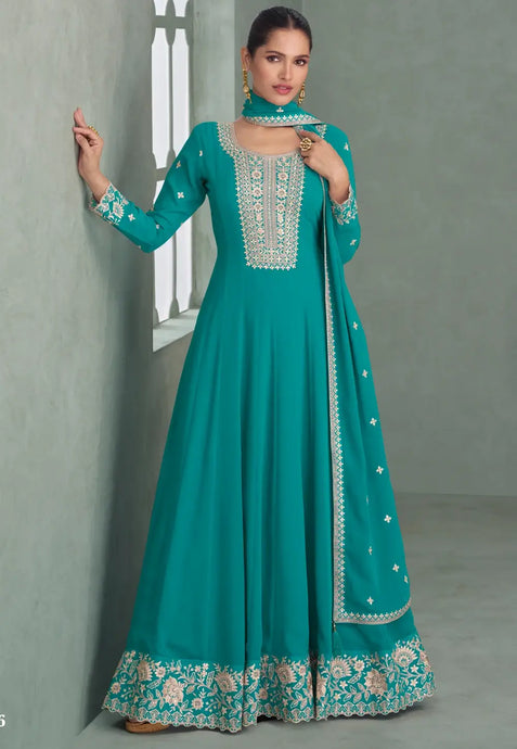 Green Real Georgette Anarkali Suit with Embroidery
