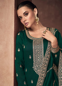 Green and Gold Embroidered Stylish Pant Suit