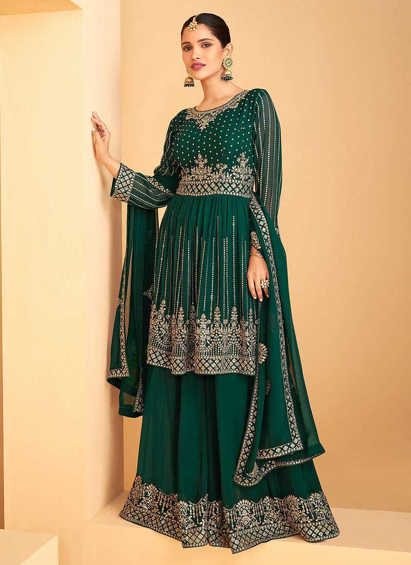 Green and Gold Heavy Embroidered Sharara Style Suit fashionandstylish.myshopify.com