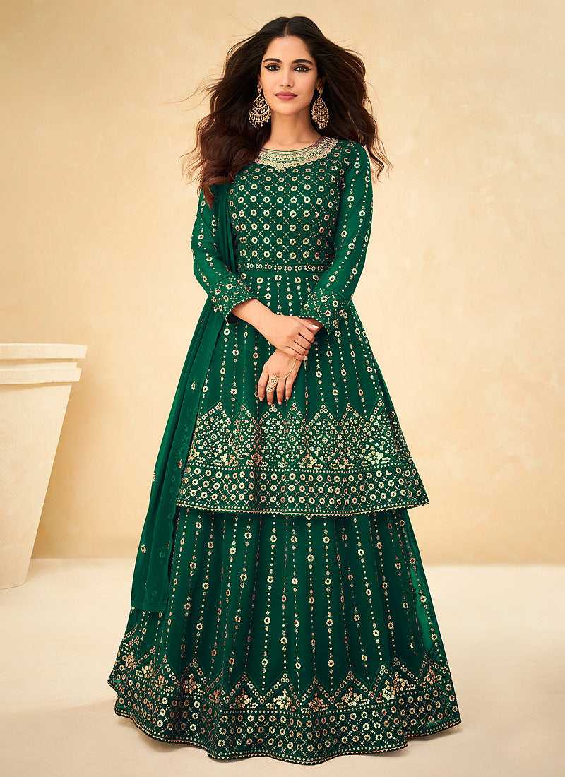 Green and Gold Sequin Embroidered Indo Western Lehenga fashionandstylish.myshopify.com