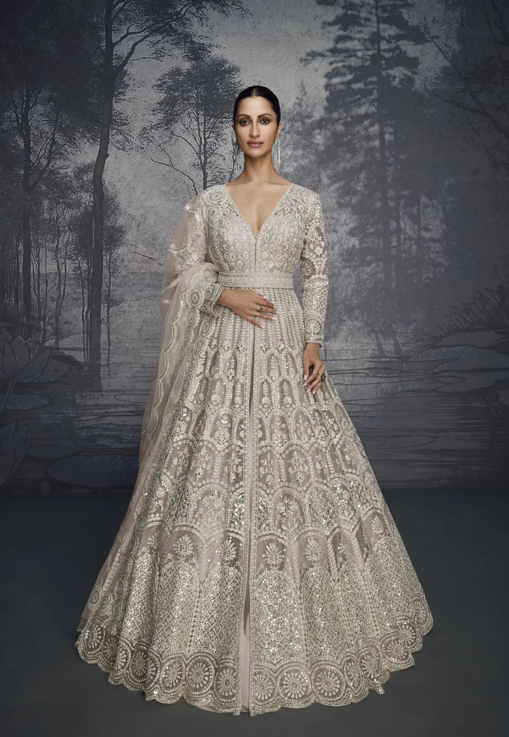 Grey Colour Luxurious Pure Net Handcrafted Lehenga