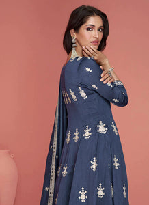 Greyish Blue Silk Embroidered Pant Style Suit