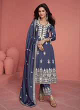 Load image into Gallery viewer, Greyish Blue Silk Embroidered Pant Style Suit
