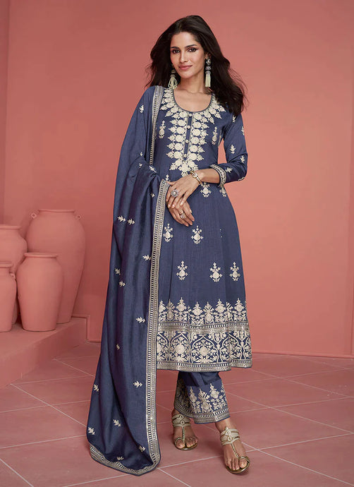 Greyish Blue Silk Embroidered Pant Style Suit
